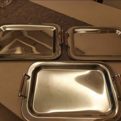 Serving trays set of 3 inox18/10 with wooden handle like new