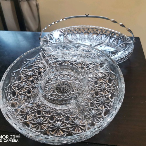 Vintage crystal serving platters with dividers, one with silver base, new