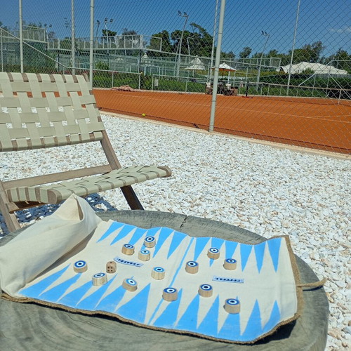 Fabric backgammon roll like new with wooden eye pieces by Samali studio