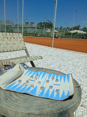 Fabric backgammon roll like new with wooden eye pieces by Samali studio