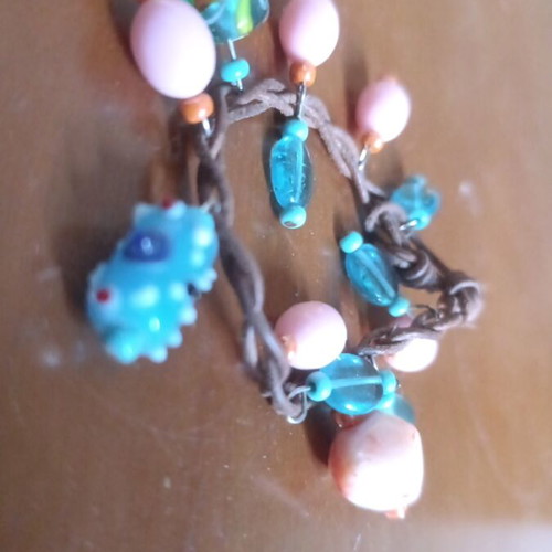 Boho bracelet used, 21 cm, pink and turquoise leather cord