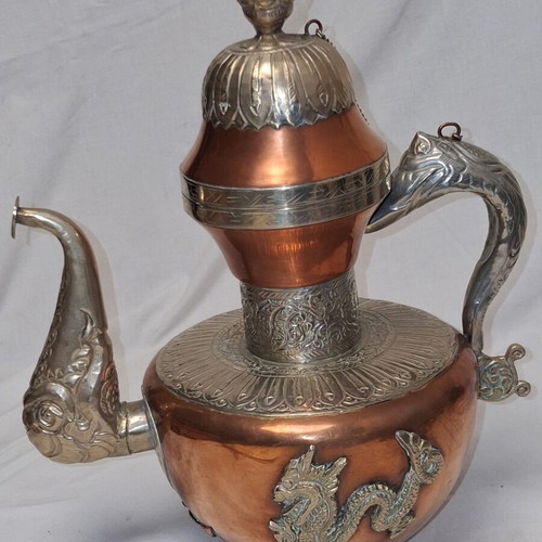 Vintage Tibetan Ewer Copper with Silver Dragon Motifs like new