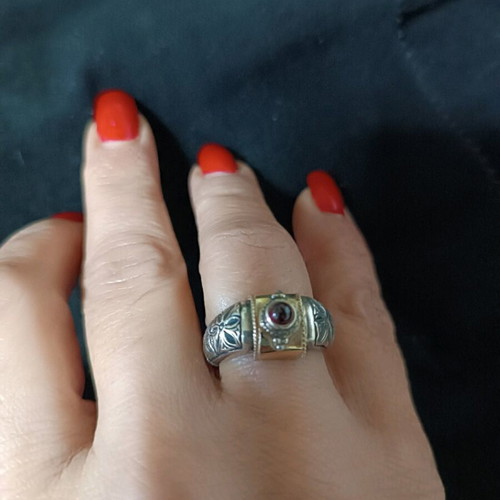 Byzantine ring new, silver 925 and gold with garnet stone
