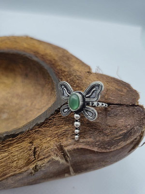 Green Aventurine Butterfly Ring, adjustable silver-plated gemstone
