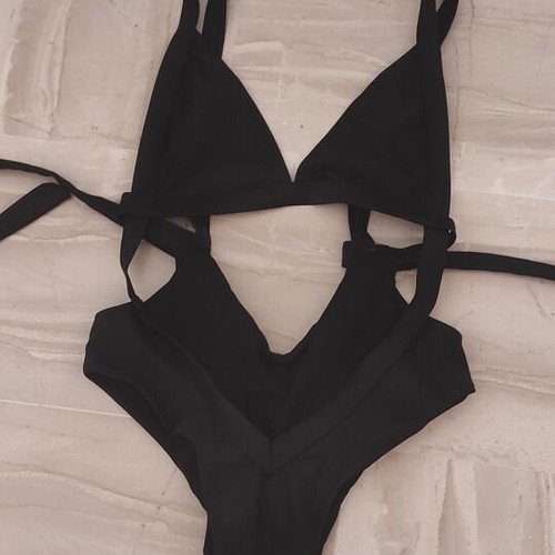One-piece swimsuit new, black, belly cutout with back ruching