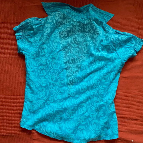 Turquoise short-sleeve shirt, floral pattern, women's