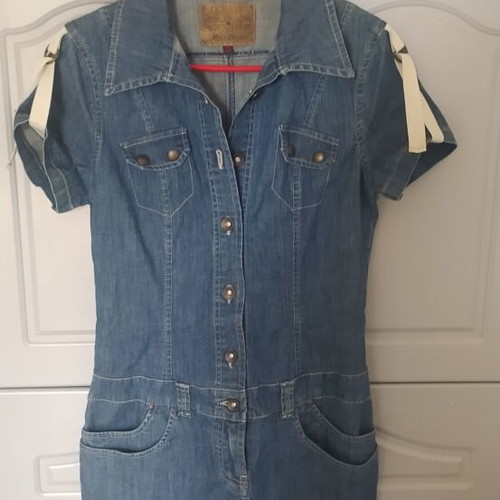 Denim dress with sleeve ties, size medium, blue