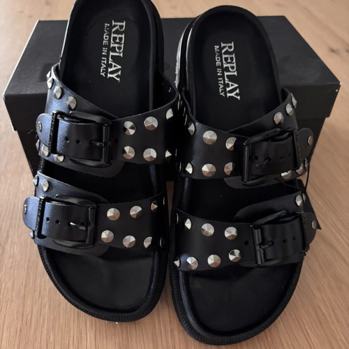 Replay Goya Buckles Leather Slides Size 39 New