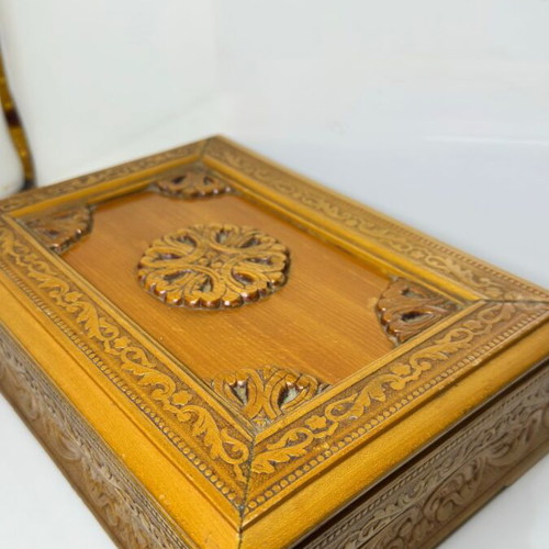 Wooden carved storage box used, handmade with fabric lining
