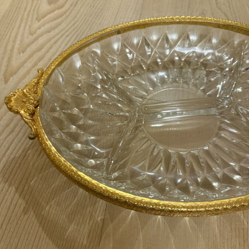 Vintage oval crystal serving platter with bronze handles