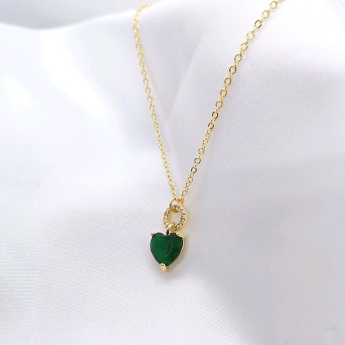 18K Gold-Plated Necklace with Green Heart Pendant 45 cm New