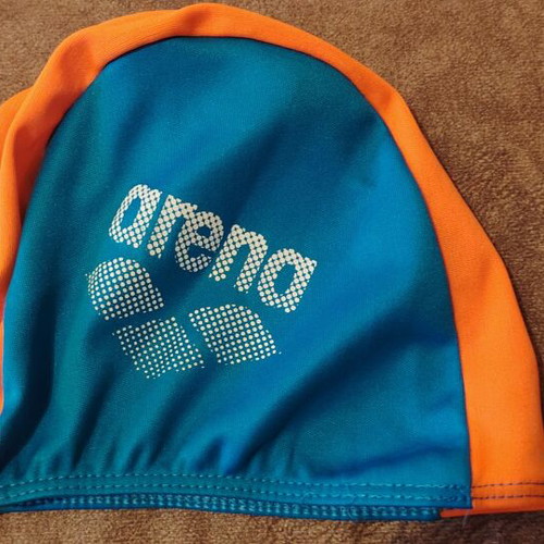Arena fabric swim cap like new, blue and orange, size 1 for kids up to 6