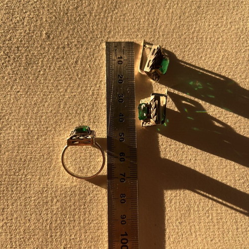 Vintage 925 Silver Ring and Earrings Set with Green Emerald Stones