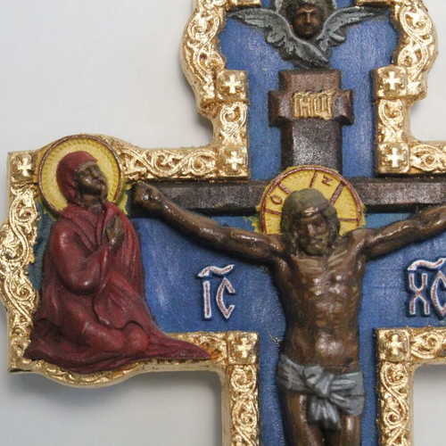 Wooden carved cross painted new with egg tempera and gilding
