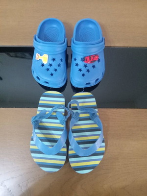 Clogs and flip-flops used, size 25, blue for boys