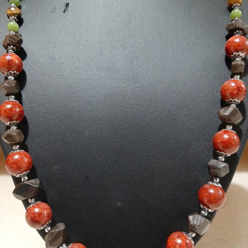 Necklace with coral, bronzite, jade, tiger's eye and jasper in 925 silver new