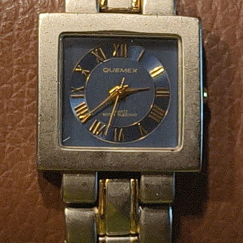 Quemex Japan Quartz Square Watch with Blue Dial and Two-Tone Bracelet