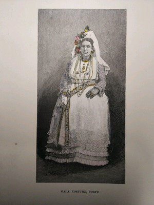 1890 Festive costume of Corfu traditional woodcut colored 13x18 cm