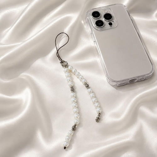 Mobile phone charm with imitation pearl beads and metal candy accents