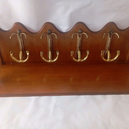 Wooden wall hanger used with shelf and 4 double hooks