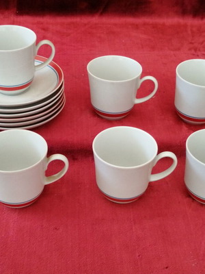Set of 6 Ionia Tea Cups and Saucers with Red Stripe, New