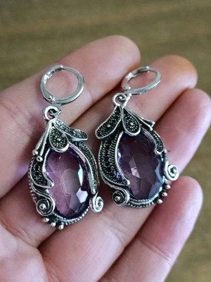 Women's teardrop oxidized black stainless steel earrings with amethyst glass new