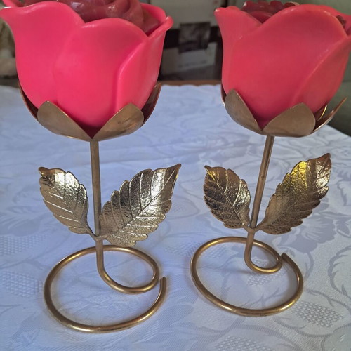 Avon vintage rose candle holder set with candles from 1970, like new