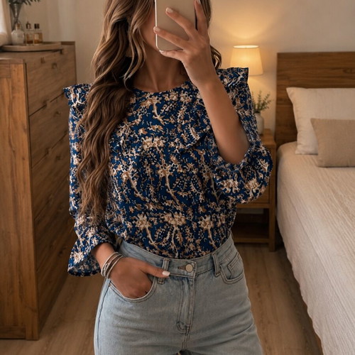 Elegance blouse with ruffles and floral details used, blue and beige