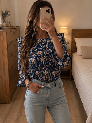 Elegance blouse with ruffles and floral details used, blue and beige