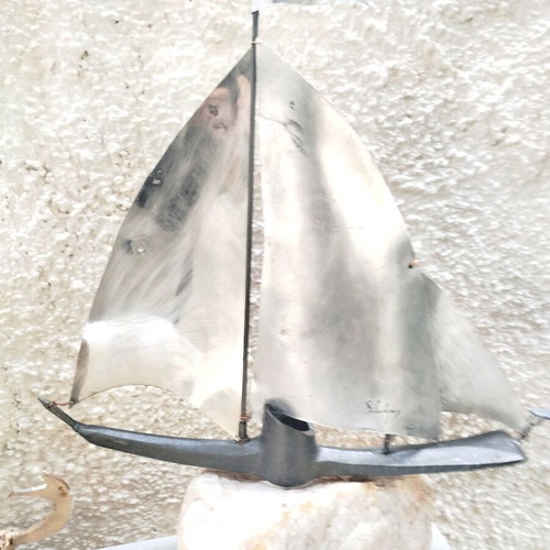 Handmade metal decorative ship made to order with white stone base