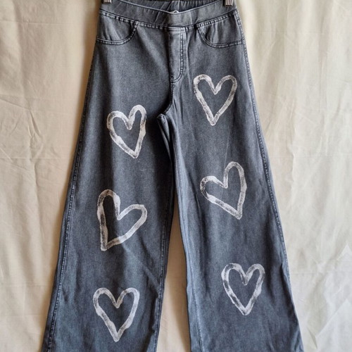 H&M Kids Grey Jeggings Pants with White Heart Prints, Wide Leg, Age 10-11, 146cm