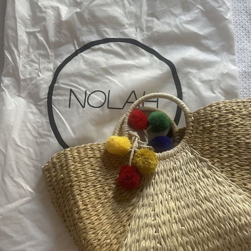 Nolah basket bag new, beige with colorful pom poms