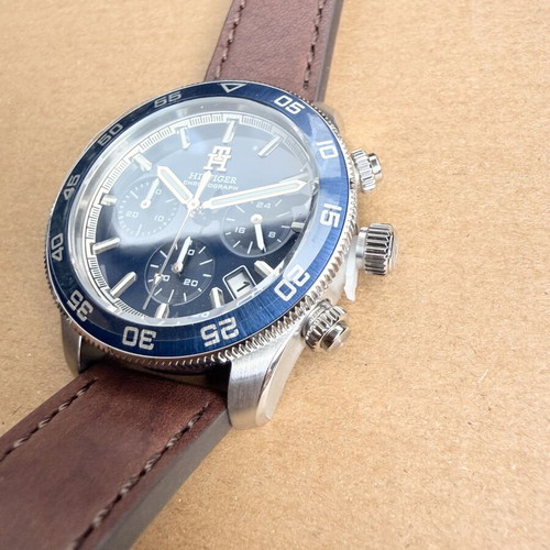 Tommy Hilfiger TH85 Chronograph Watch New, Blue Dial Brown Leather