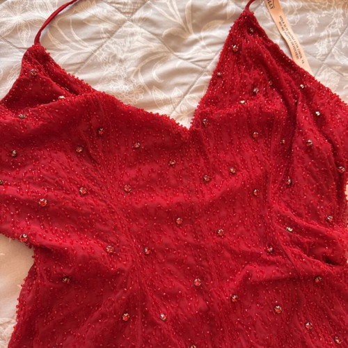 Oh Polly Embellished Halter Neck Ruffle Maxi Dress red, new, size 12