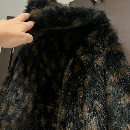 Eco fur coat with hood used, brown, oversized S-M