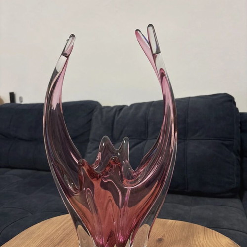 Josef Hospodka for Chřibská Pink Art Glass Basket Vase 1960s like new