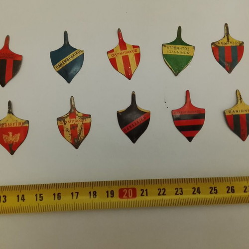 Vintage metal badges of 10 Greek football teams used