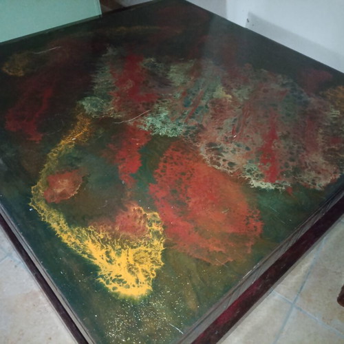 Handmade coffee table with epoxy resin and abstract design, used