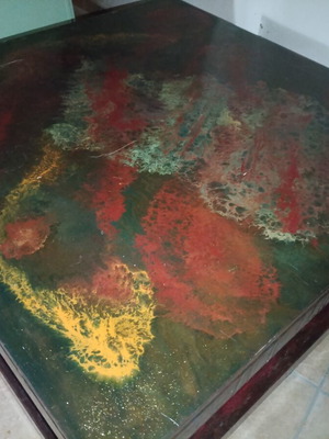 Handmade coffee table with epoxy resin and abstract design, used