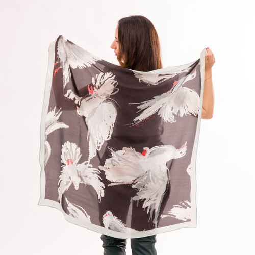 Pigeon Scarf new, silk satin, 90x90 cm