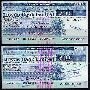 Μ006 ΜΕΓΑΛΗ ΒΡΕΤΑΝΙΑ (Great Britain) 1979 Banknote-Cheque, LLOYDS BANK LIMITED, 10£ Pounds two items (και τα δύο μαζί)