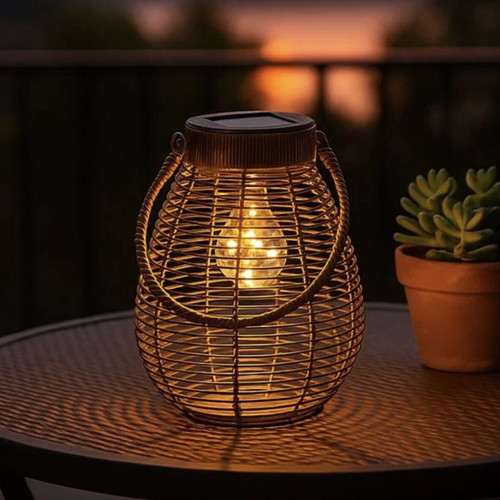 Solar table lantern from brown bamboo with lamp Ø18x24 cm new