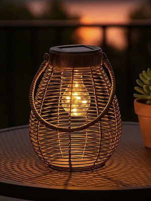 Solar table lantern from brown bamboo with lamp Ø18x24 cm new