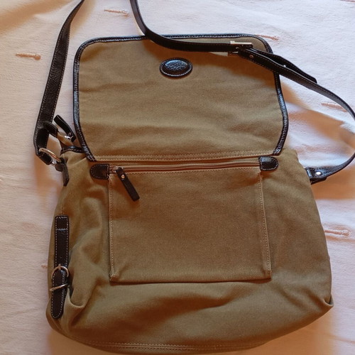 Women's crossbody bag like new, khaki fabric with brown leather straps