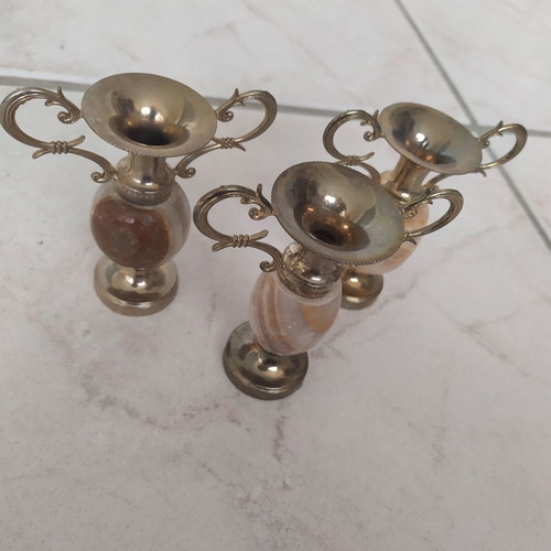 Decorative amphorae set of 3 from brass and onyx like new