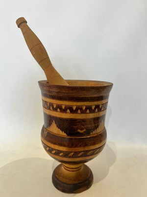 Vintage wooden carved mortar with pestle 19x13 cm used