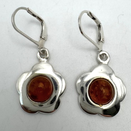 Vintage silver 925 earrings with natural amber floral design used