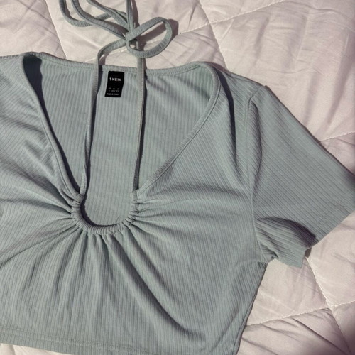 Shein blouse size Large like new, turquoise with tie detail