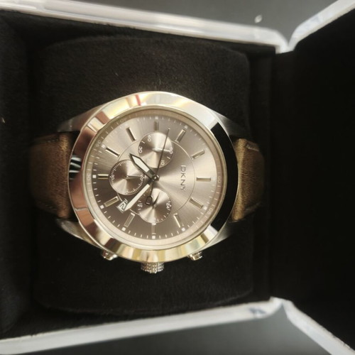 DKNY Chronograph Watch NY1510 with Brown Sunburst Dial and Leather Strap