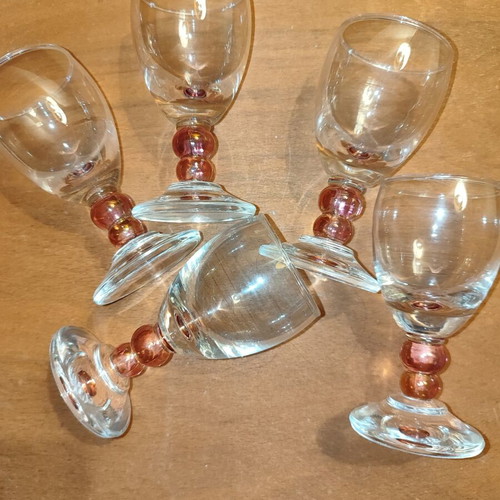 Vintage liqueur glasses set of 5 with amber details, like new